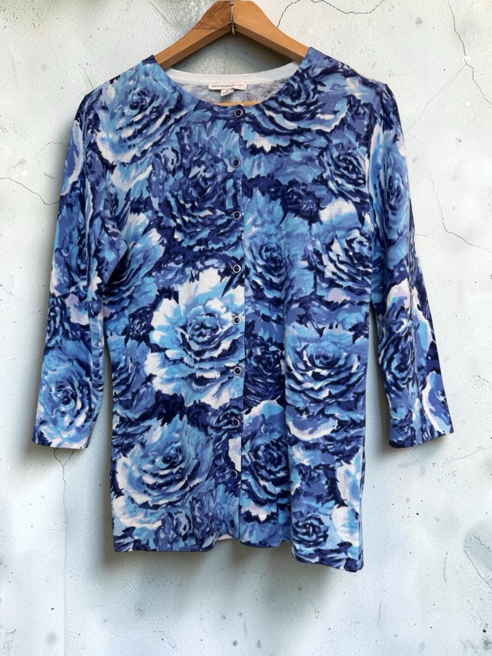 NWT Isaac Mizrahi Women's Watercolor Blue Floral Cotton Cardigan Size S Sweater